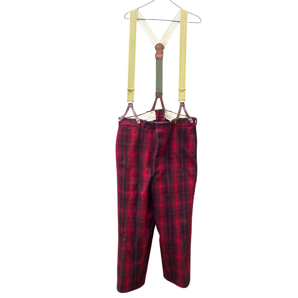 Woolrich Vintage suspender buffalo plaid hunting pants red wool heavy thick 40